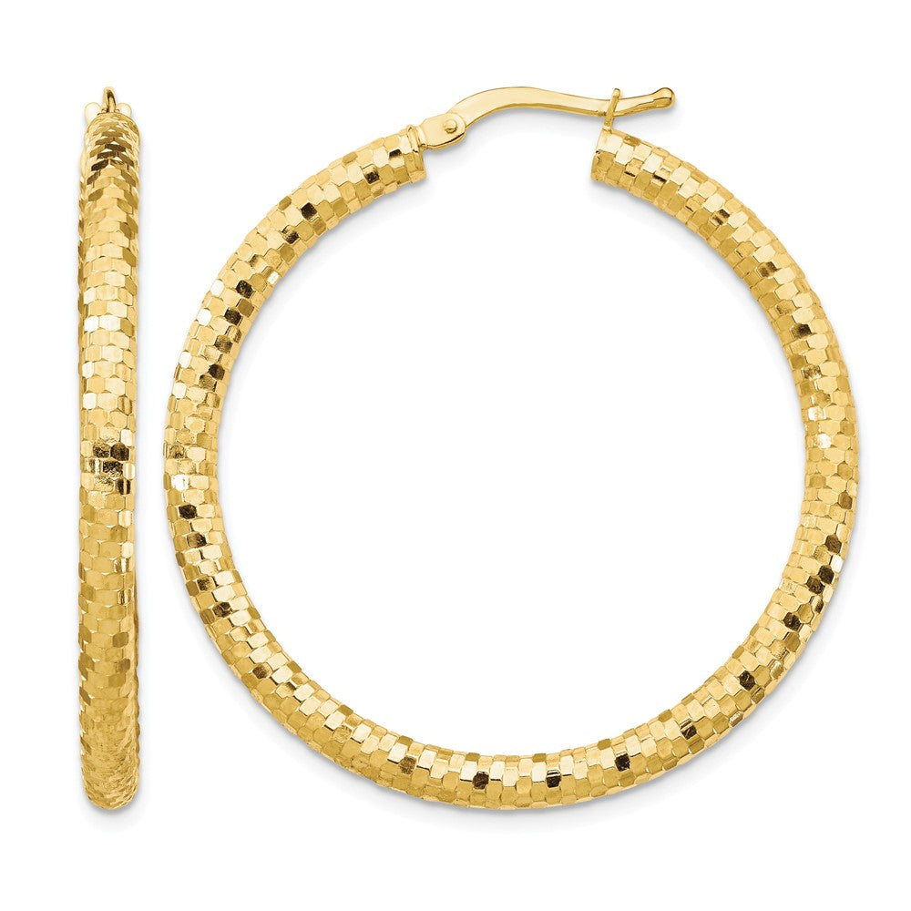 14K 3x38mm Diamond-cut Hoop Earrings