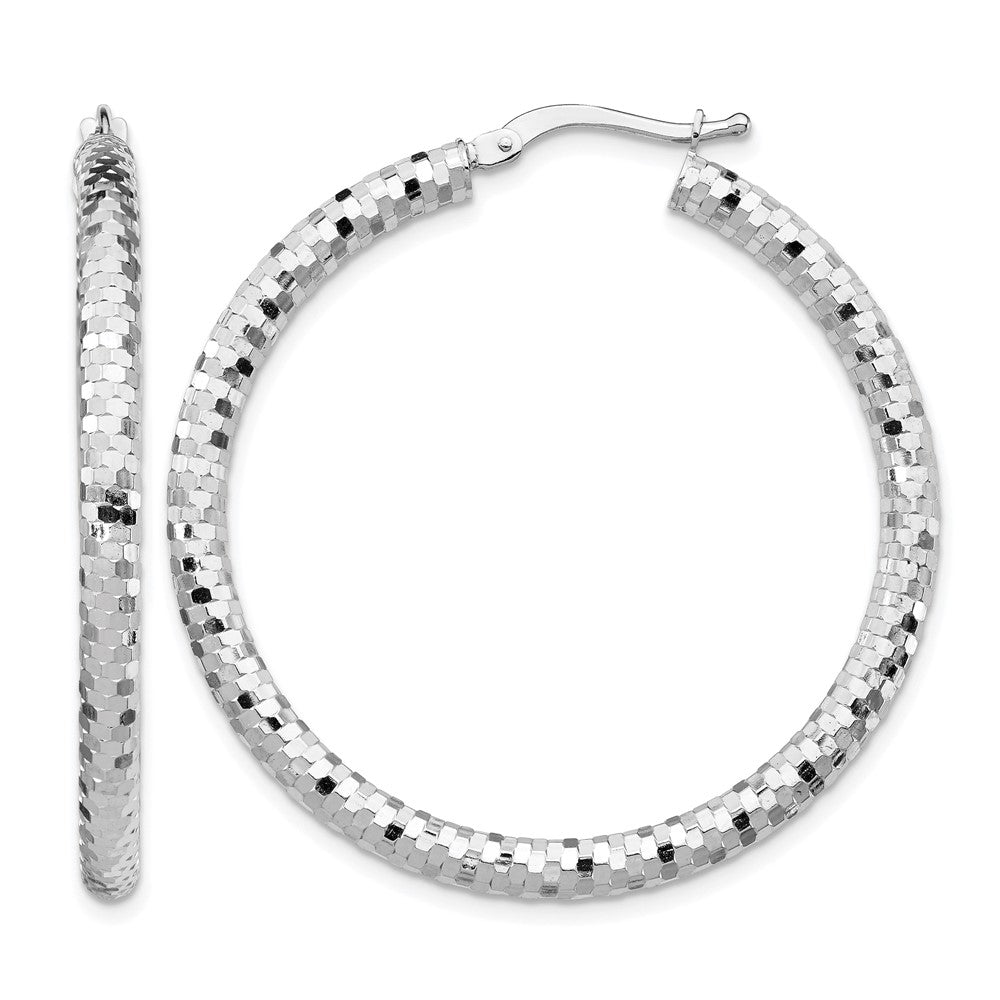 14k White Gold 3x38mm Diamond-cut Hoop Earrings