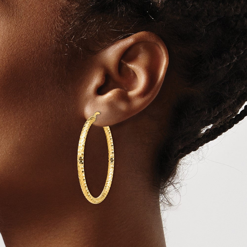 14K 3x44mm Diamond-cut Hoop Earrings
