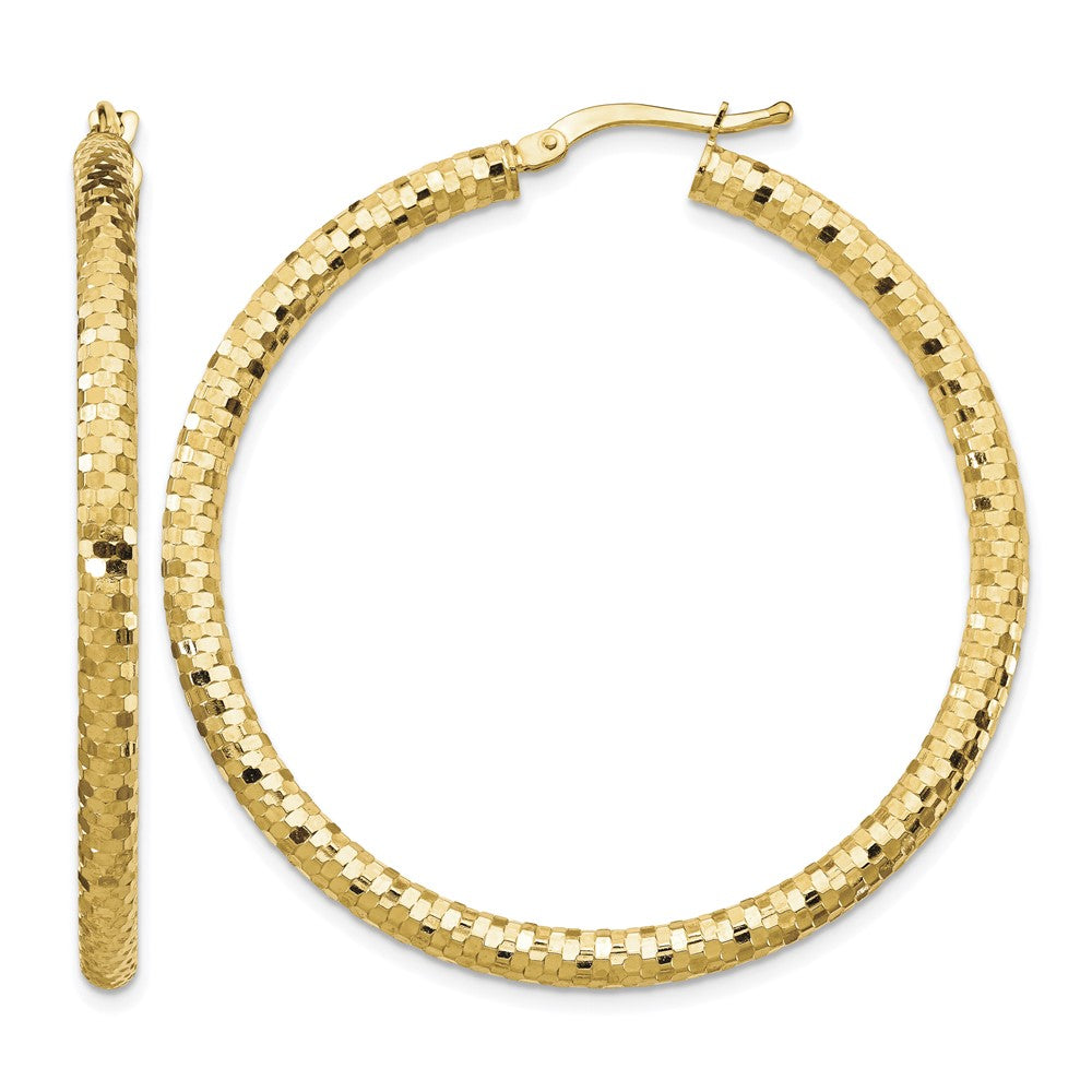 14K 3x44mm Diamond-cut Hoop Earrings