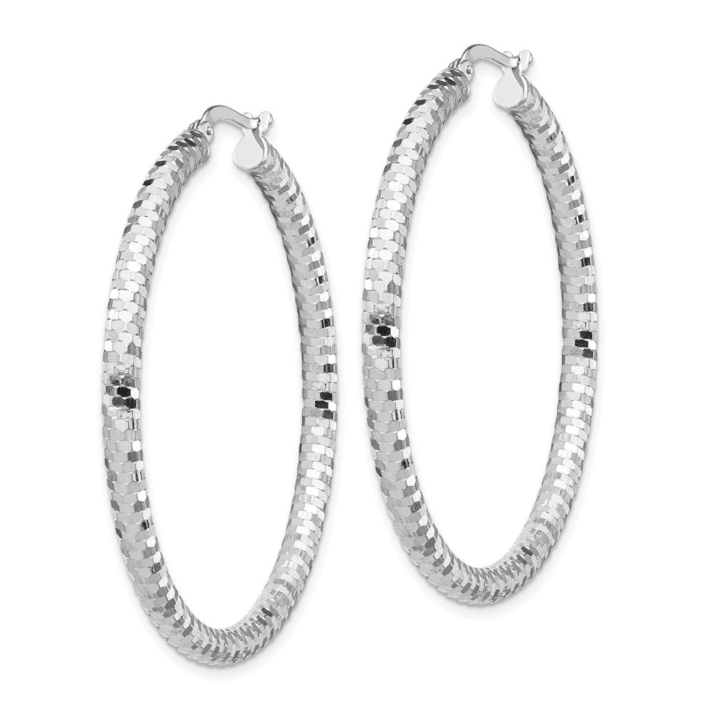 14k White Gold 3x44mm Diamond-cut Hoop Earrings