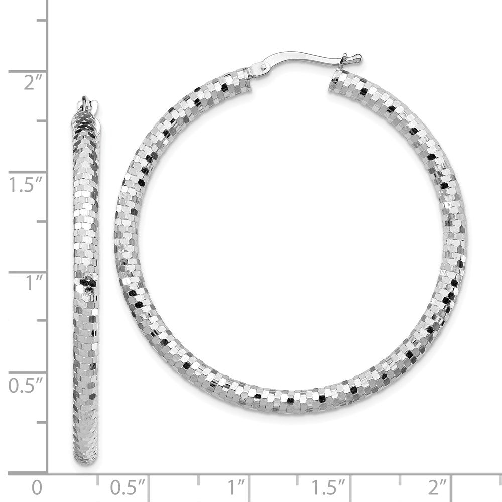 14k White Gold 3x44mm Diamond-cut Hoop Earrings