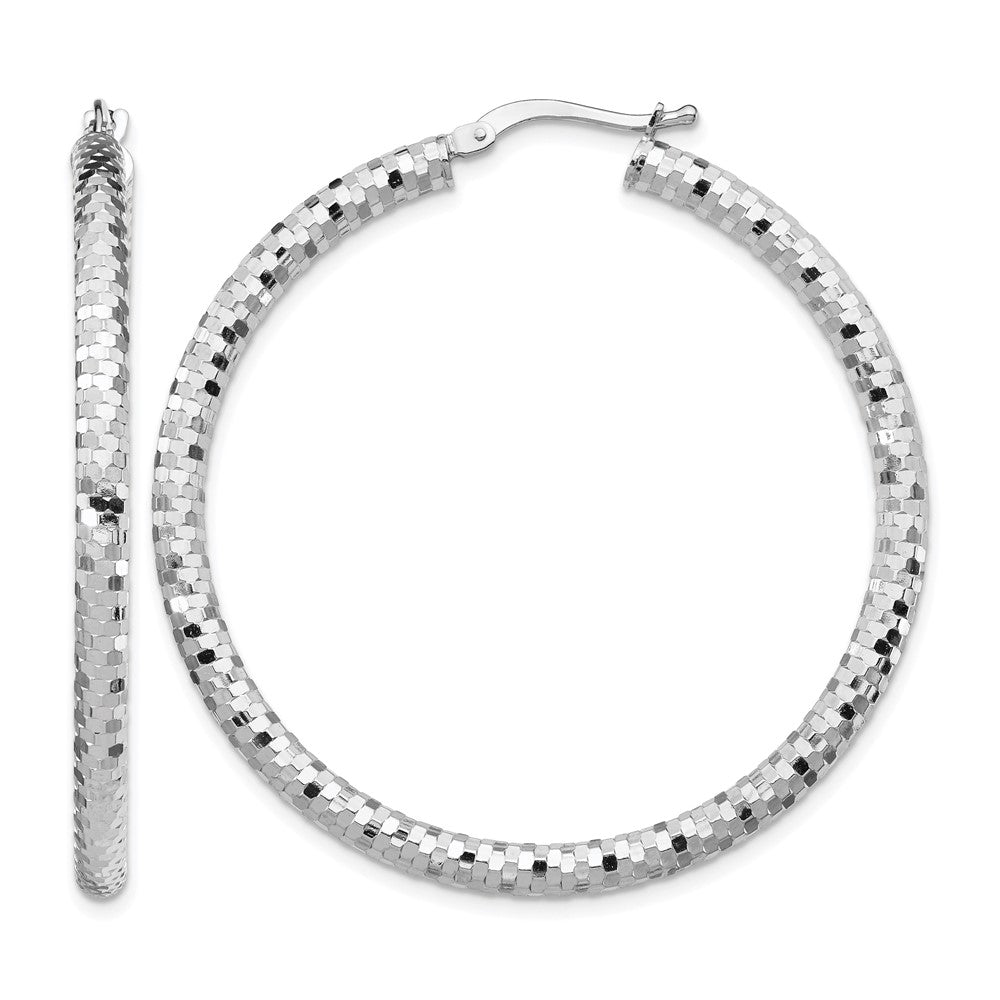 14k White Gold 3x44mm Diamond-cut Hoop Earrings