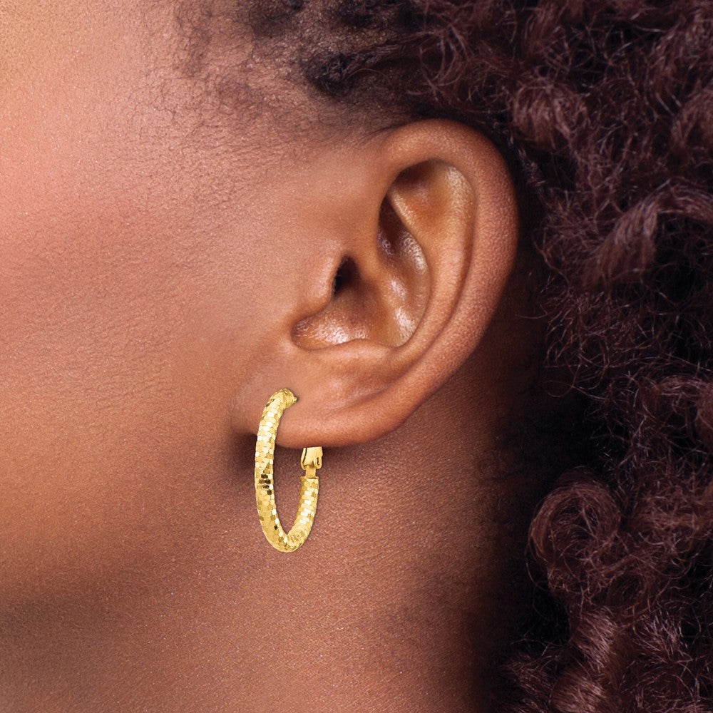 14K 3x26mm Diamond-cut Oval Omega Back Hoop Earrings