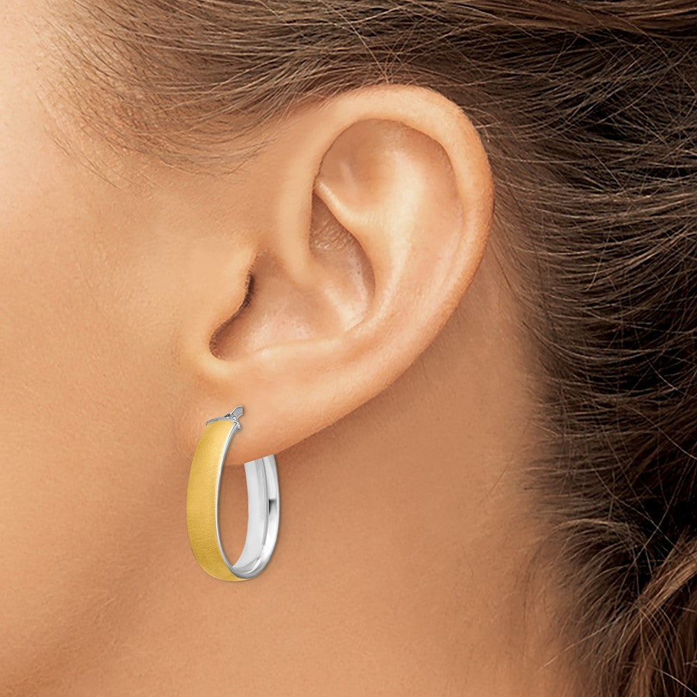 14K and White Rhodium 4.85x18.5mm Satin and Polished Teardrop Hoop Earrings