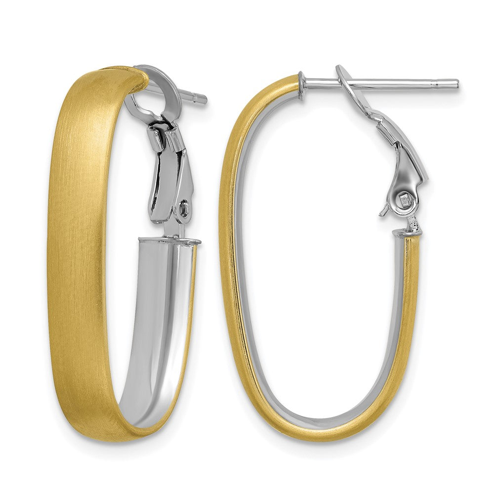 14K with White Rhodium Polished and Satin Oval Omega Back Hoop Earrings