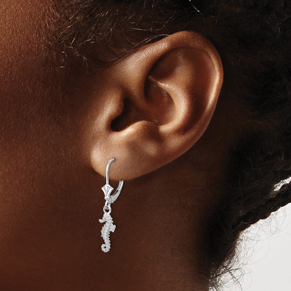14K White Gold 3-D Seahorse Leverback Earrings