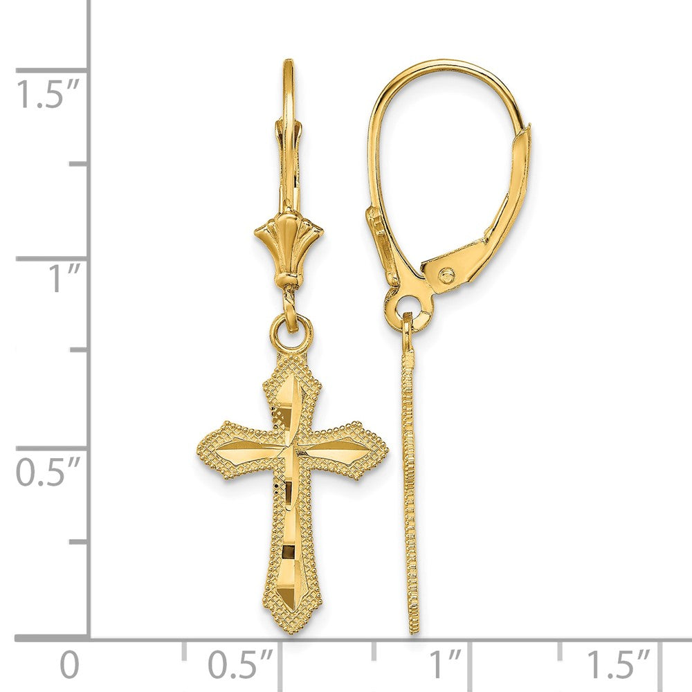 14K D/C Cross w/ Beaded Edge Leverback Earrings