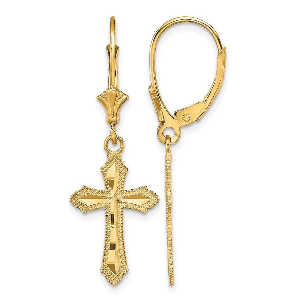 14K D/C Cross w/ Beaded Edge Leverback Earrings