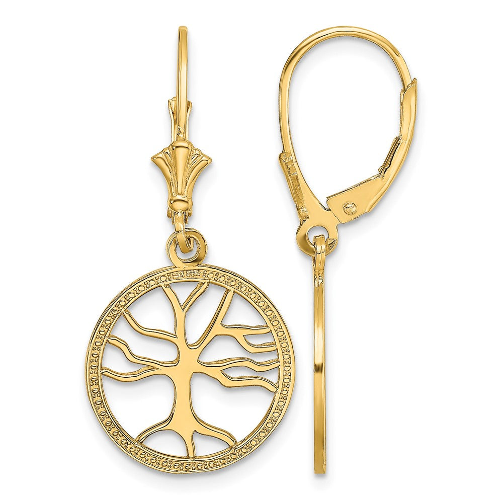 14K Tree of Life In Round Frame Leverback Earrings