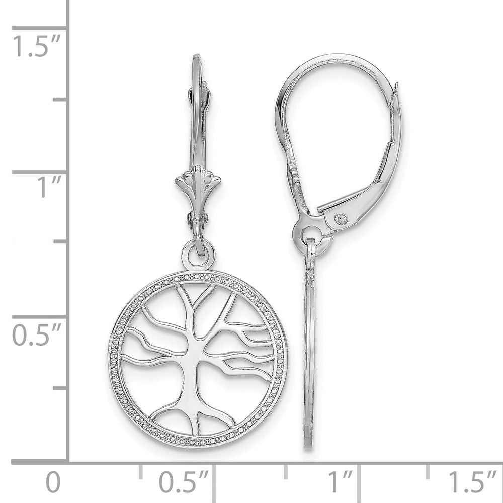 14K White Gold Tree of Life In Round Frame Leverback Earrings