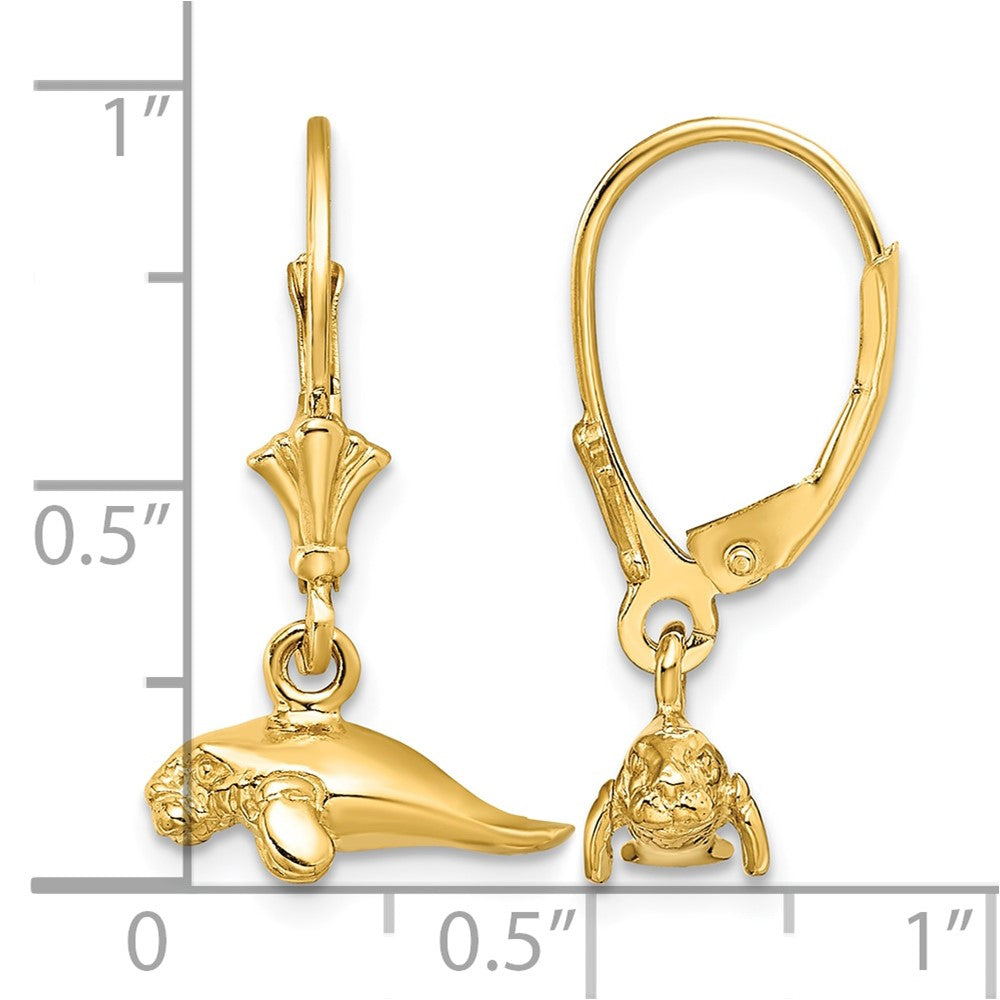 14K 3-D Polished Mini Manatee Leverback Earrings