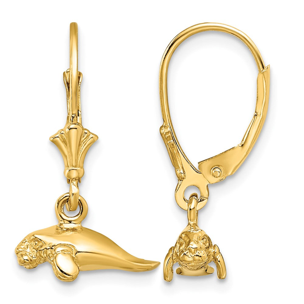 14K 3-D Polished Mini Manatee Leverback Earrings