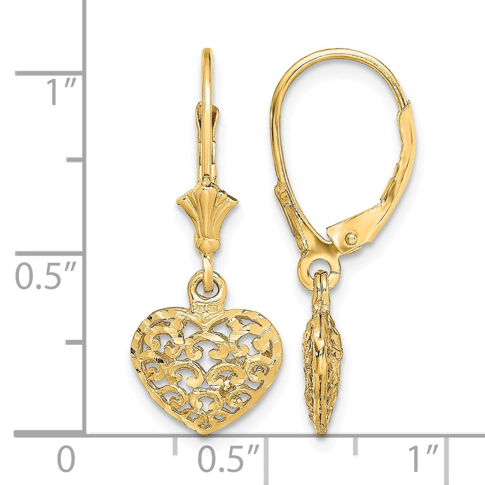 14k Diamond-cut Mini Puffed Heart Leverback Earrings