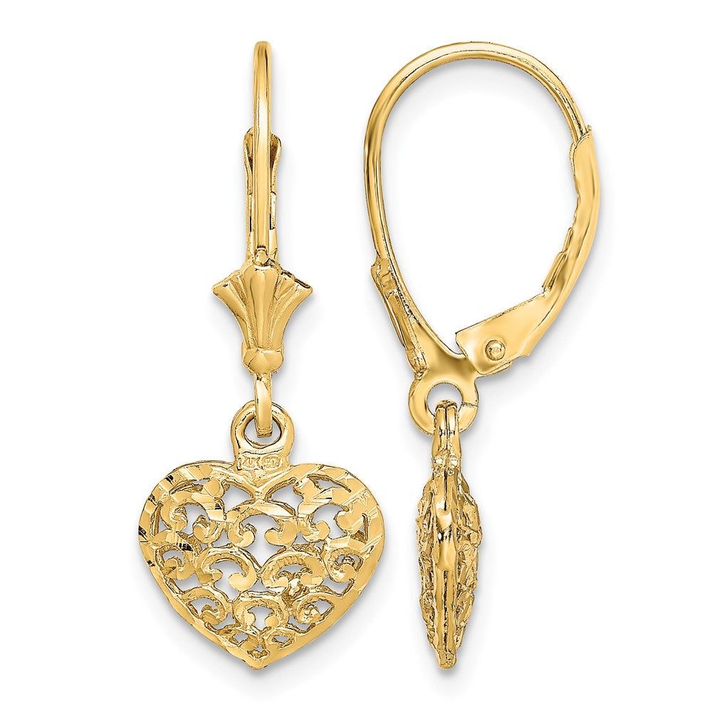 14k Diamond-cut Mini Puffed Heart Leverback Earrings