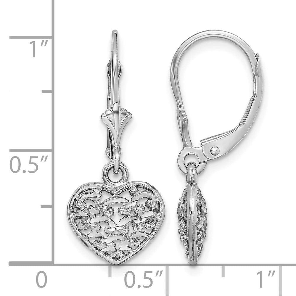 14K White Gold 3-D Mini D/C Puffed Heart Leverback Earrings