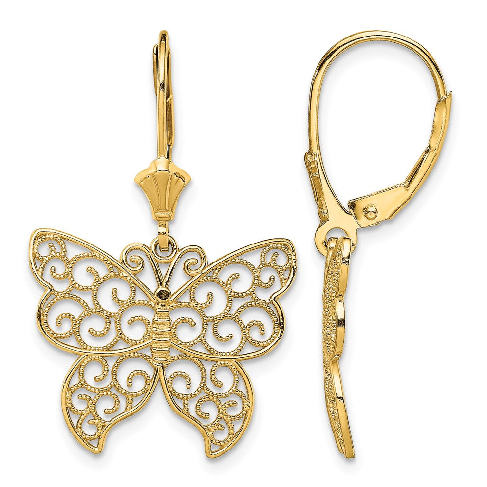 14K Butterfly w/ Beaded Filigree Wings Leverback Earrings