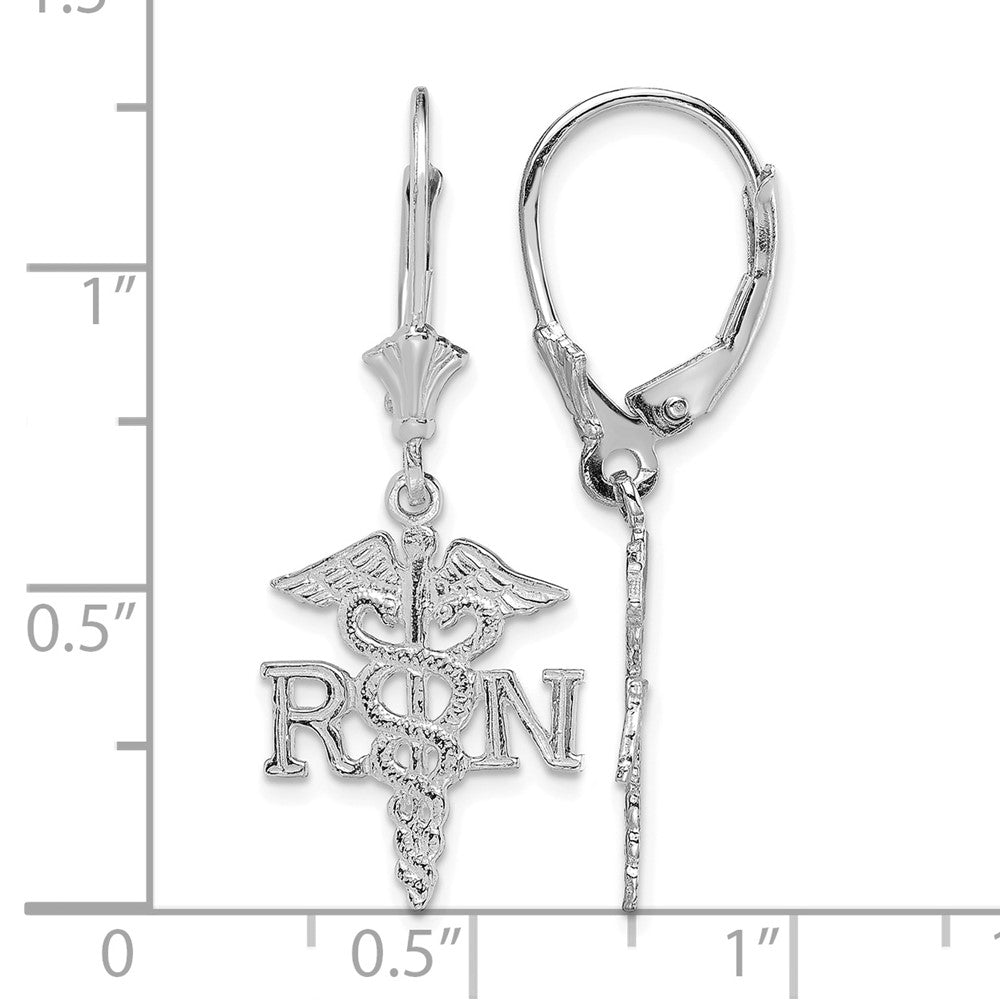 14K White Gold RN Caduceus Leverback Earrings