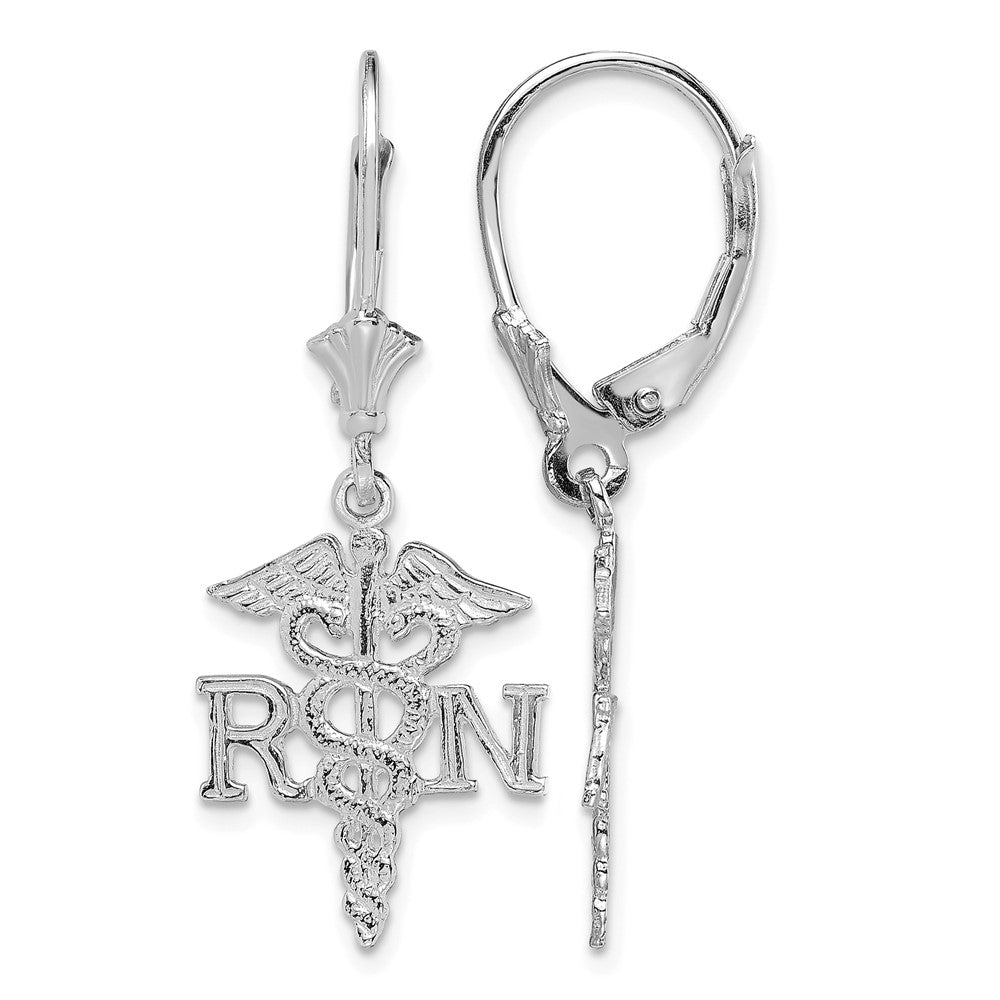 14K White Gold RN Caduceus Leverback Earrings