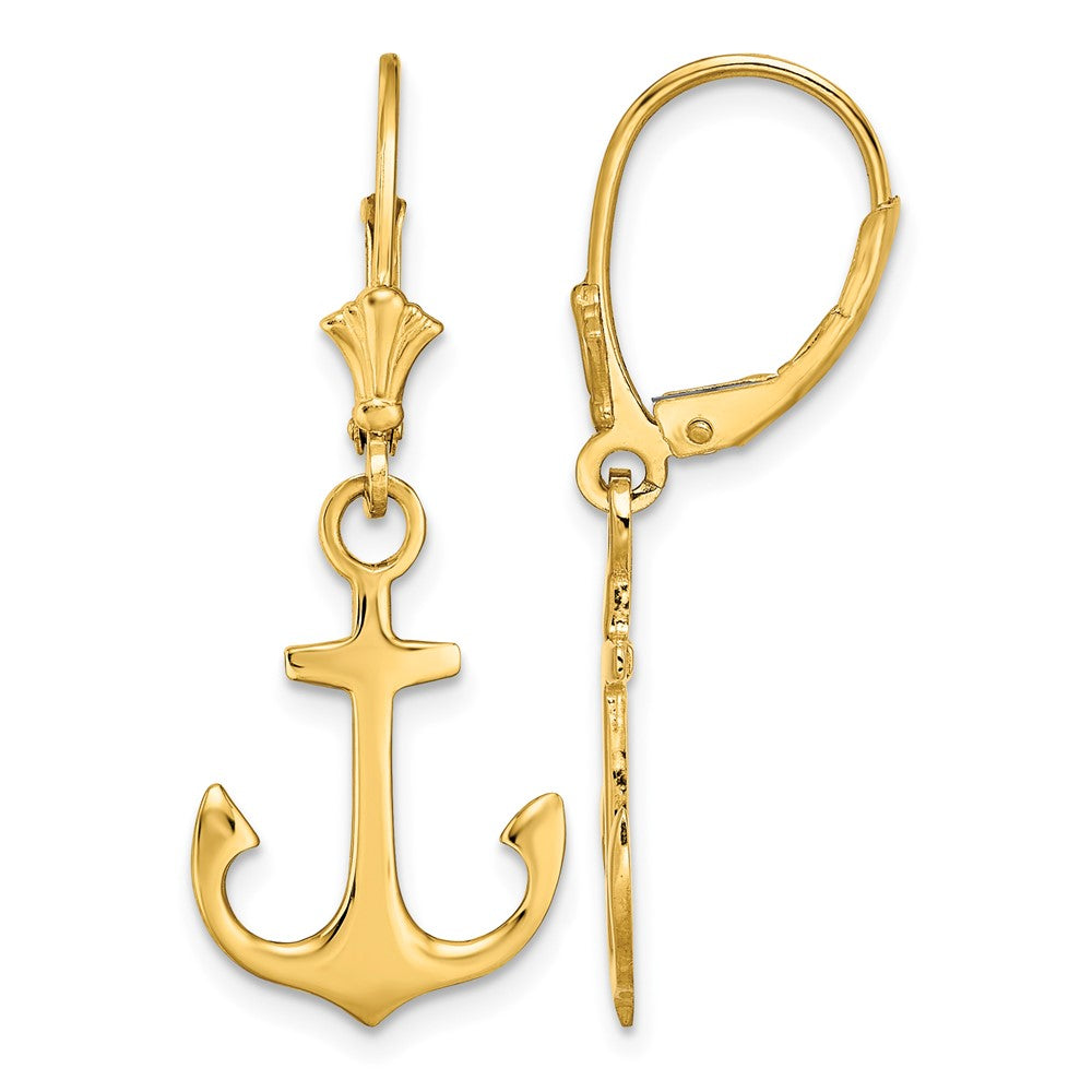 14K 2-D Polished Anchor Leverback Earrings