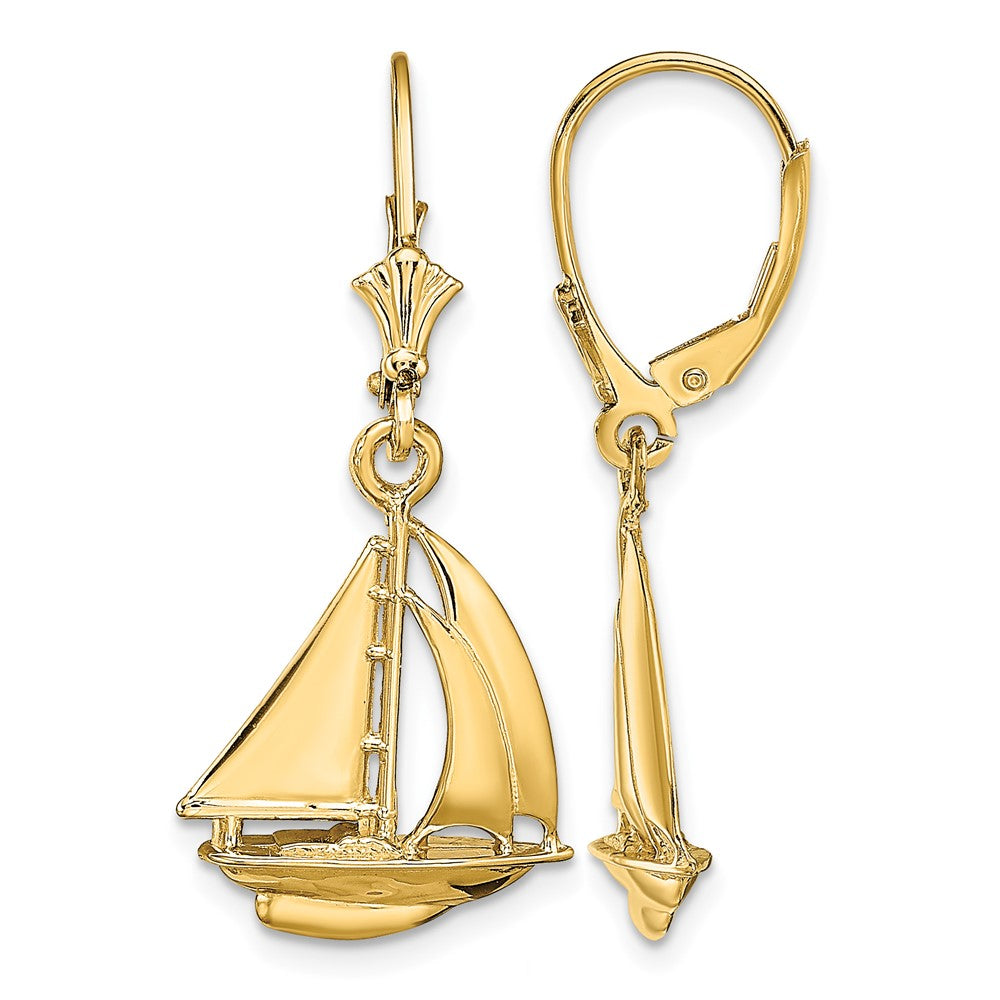 14K 3D Polished Sailboat Leverback Earrings