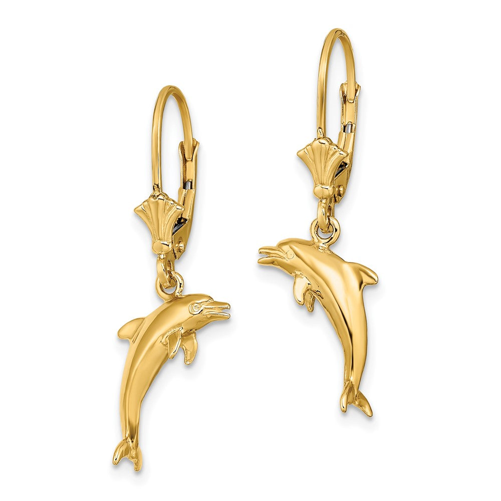 14K 3-D Dolphin Jumping Leverback Earrings