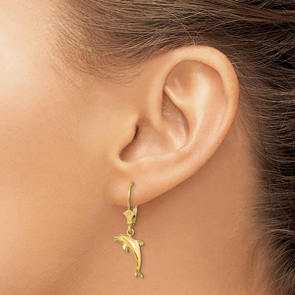 14K 3-D Dolphin Jumping Leverback Earrings