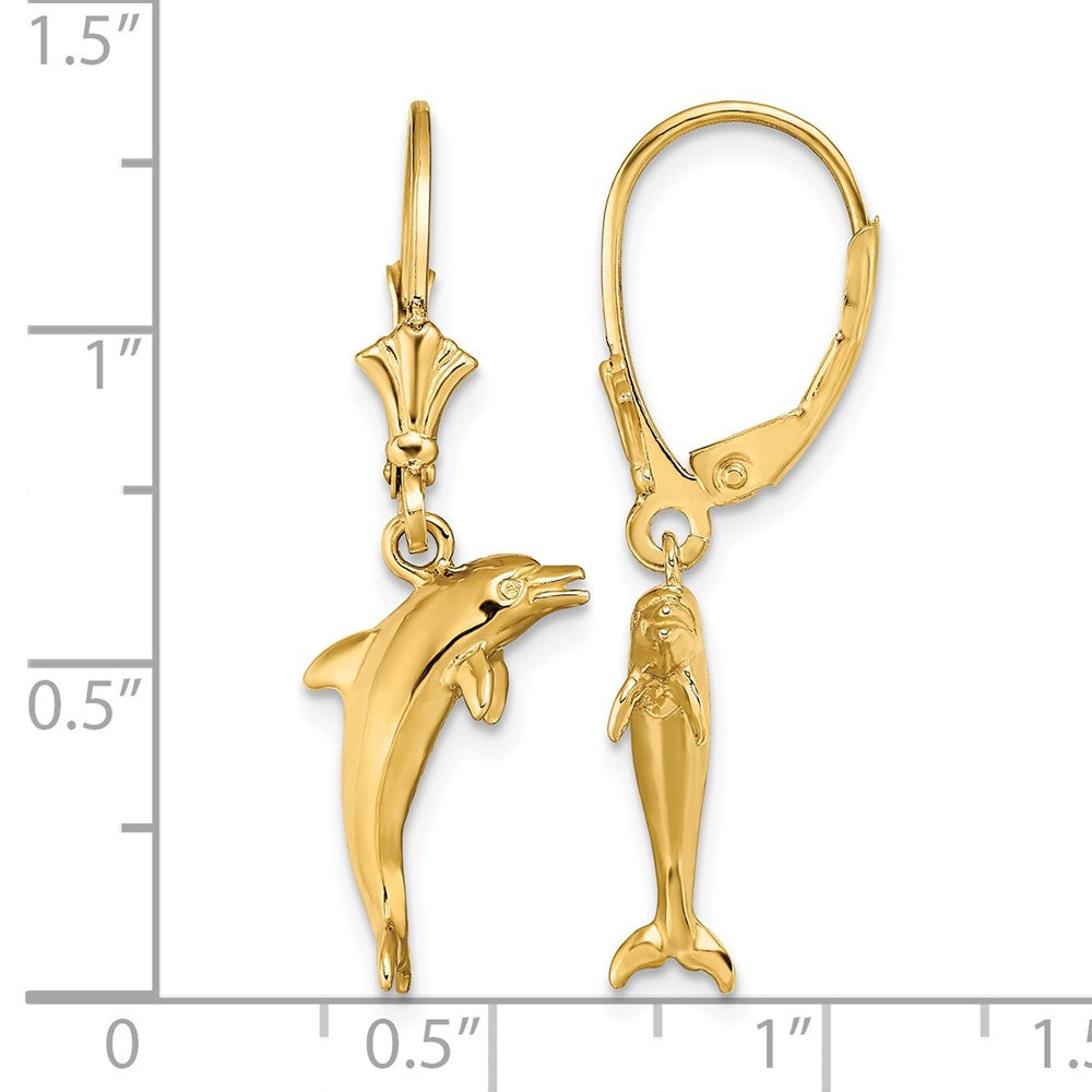 14K 3-D Dolphin Jumping Leverback Earrings