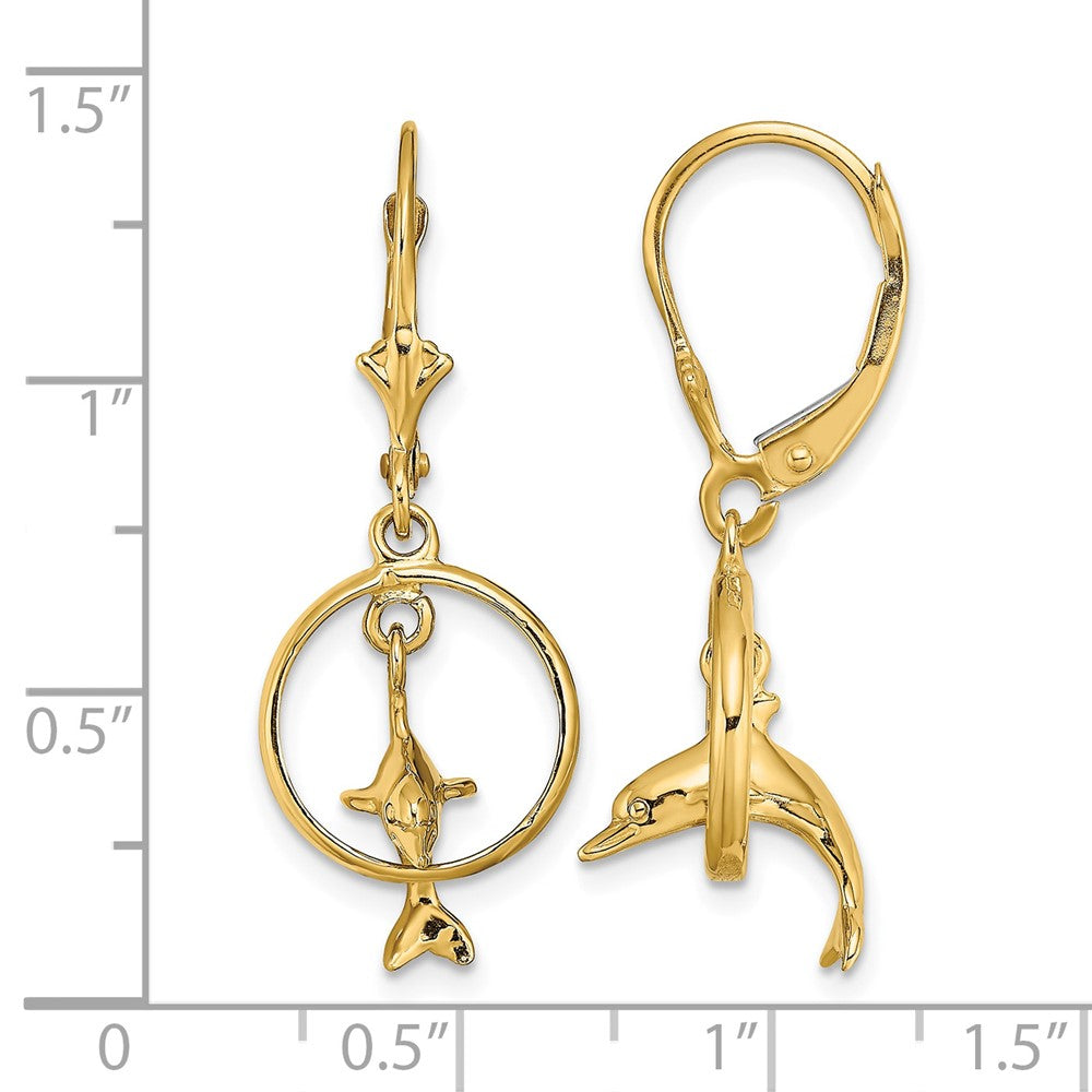 14K 3-D Dolphin Jumping Through Hoop Leverback Earrings
