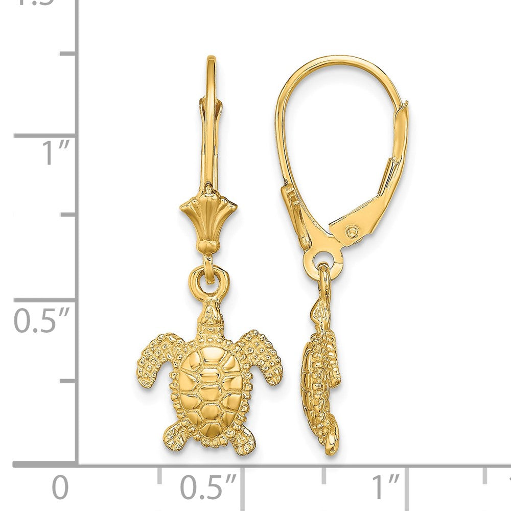 14K 3-D Polished Mini Sea Turtle Leverback Earrings