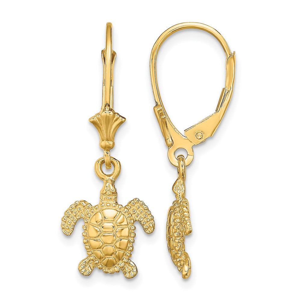 14K 3-D Polished Mini Sea Turtle Leverback Earrings
