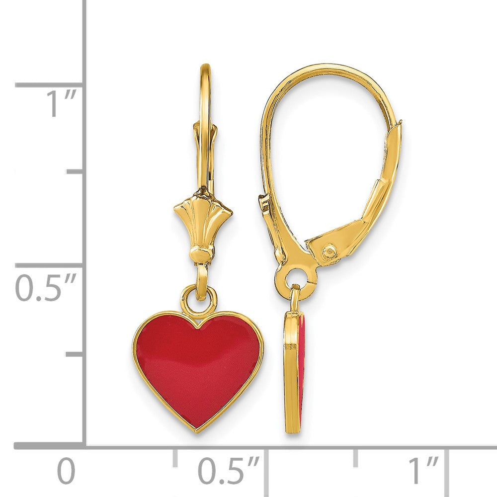 14K Polished Enameled Heart Dangle Leverback Earrings