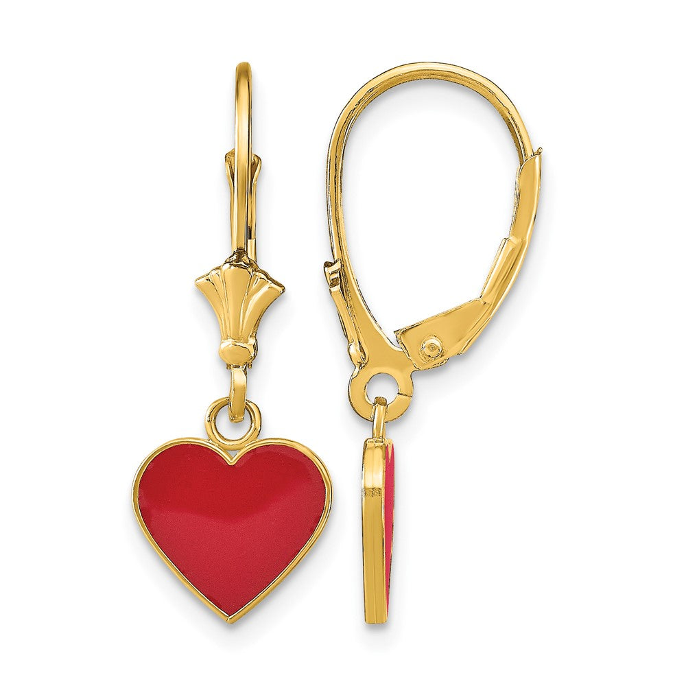 14K Polished Enameled Heart Dangle Leverback Earrings