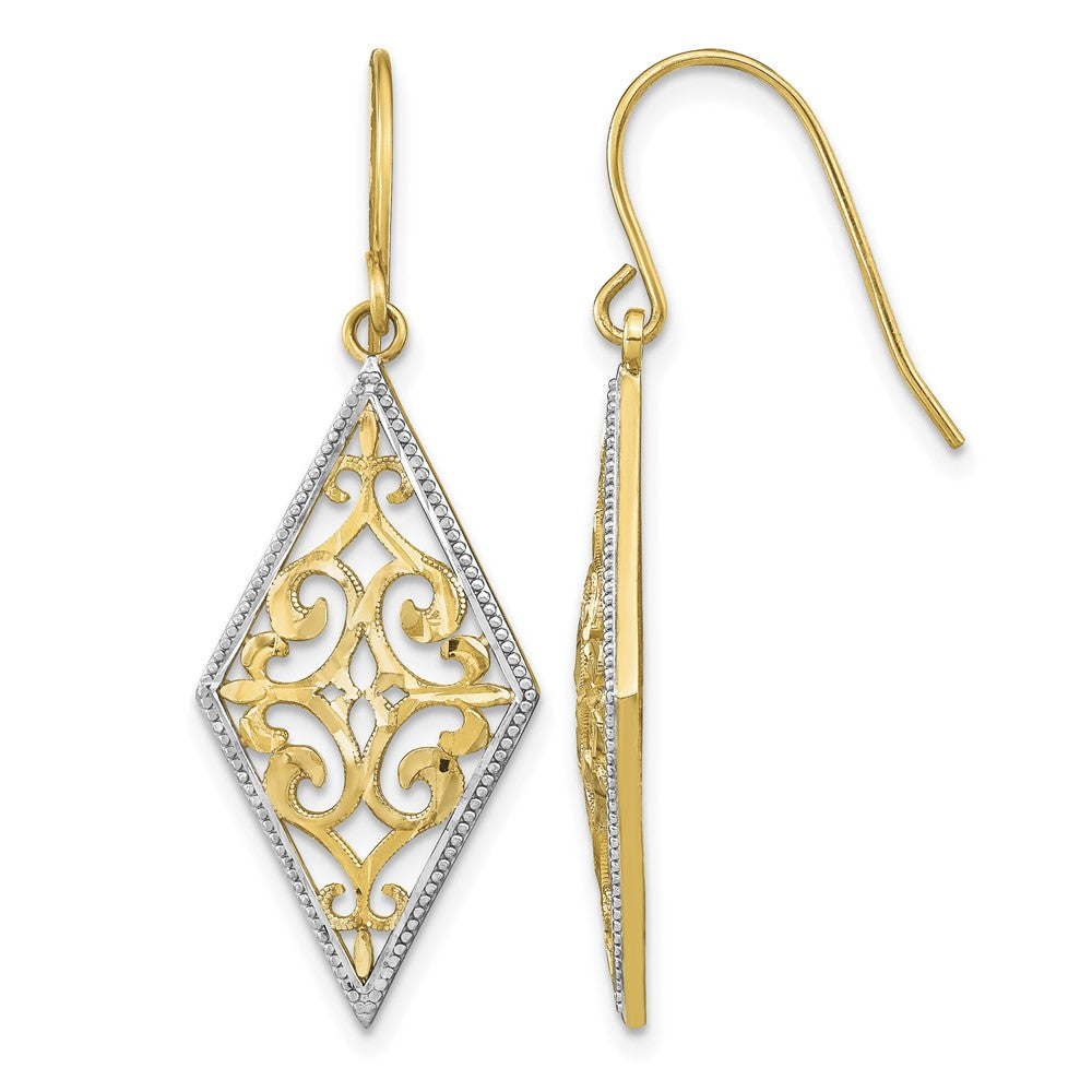 14K w/Rhodium Diamond Shape Filigree Dangle Earrings