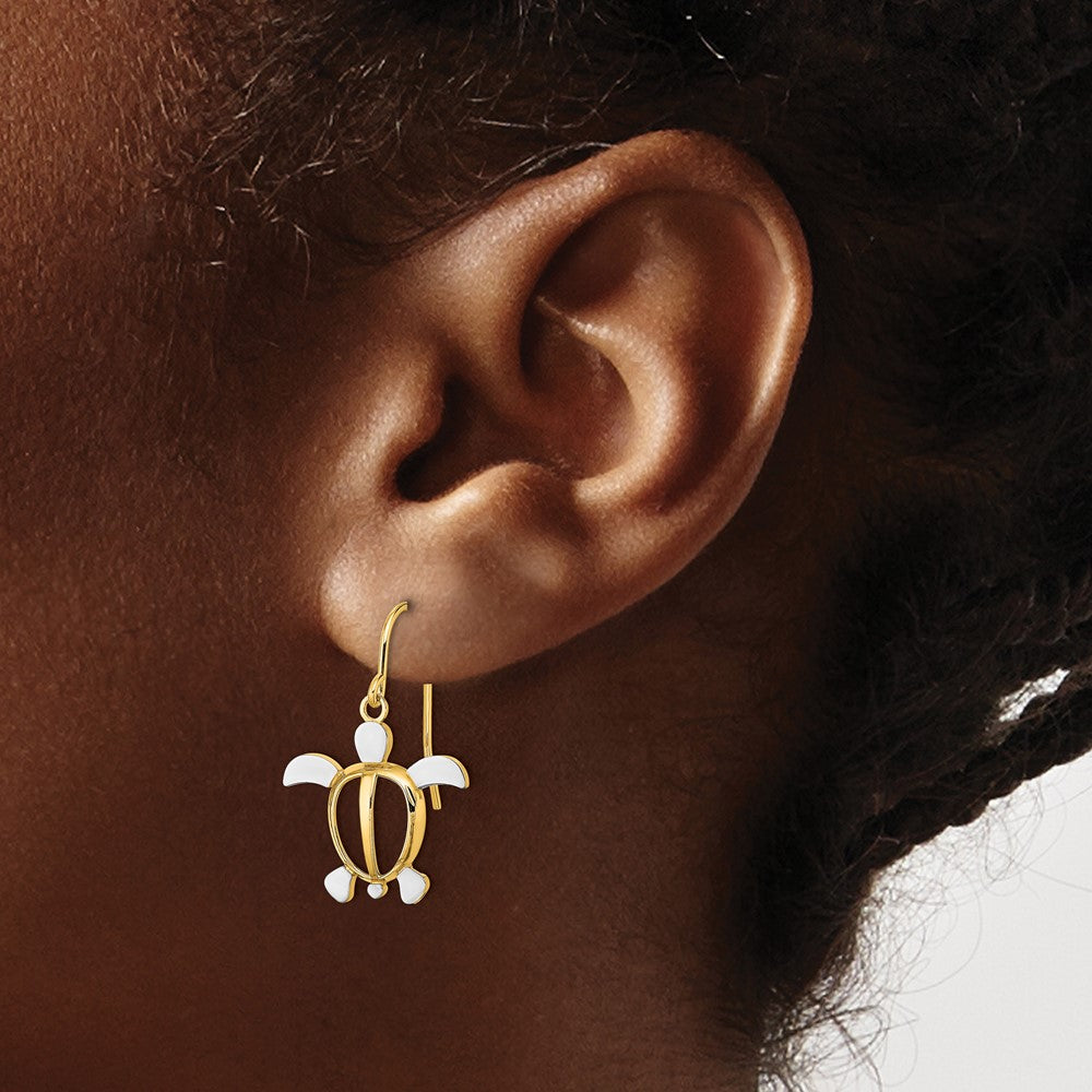 14K W/ Rhodium Sea Turtle Dangle Earrings