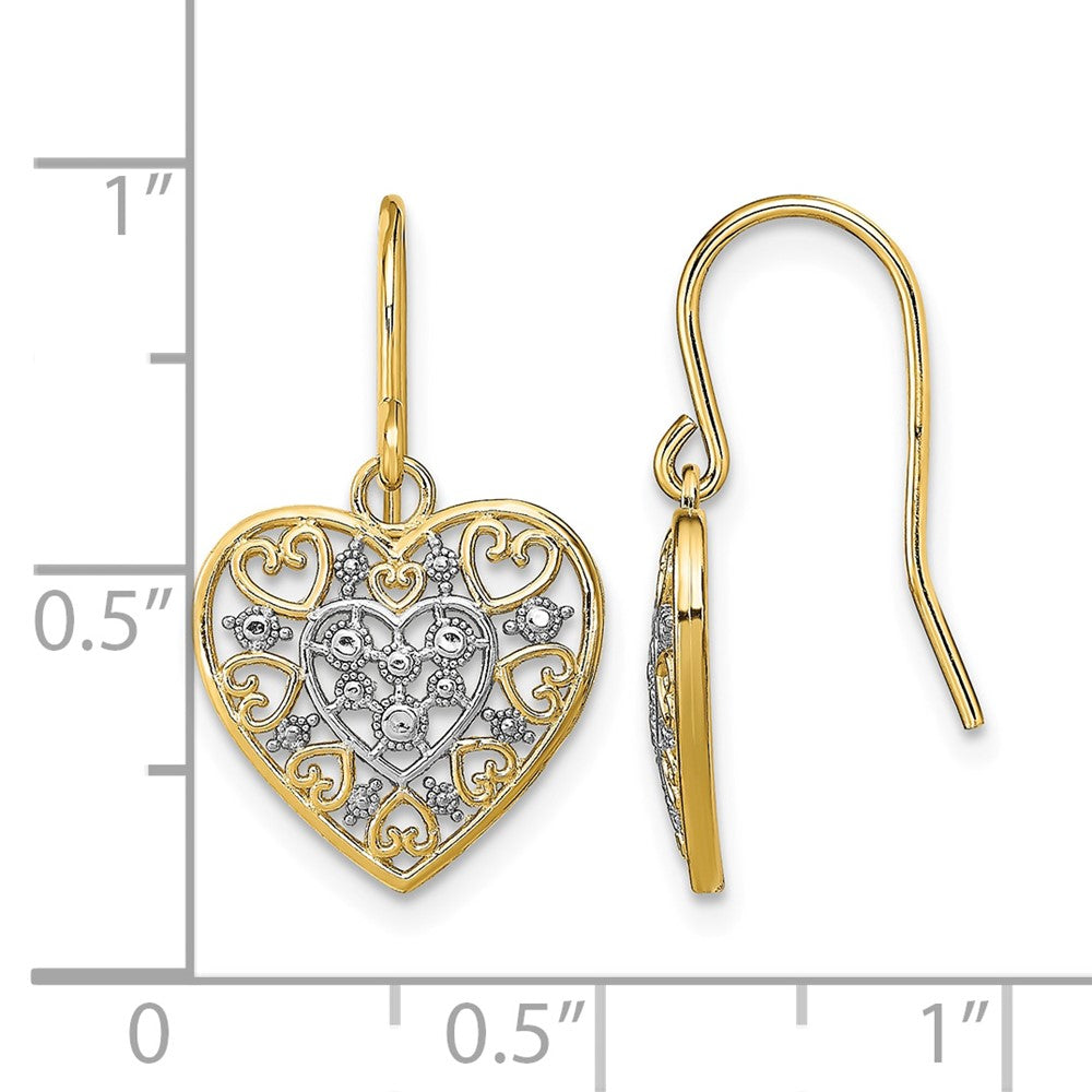 14K w/Rhodium Polished Filigree Hearts Shepherd Hook Earrings