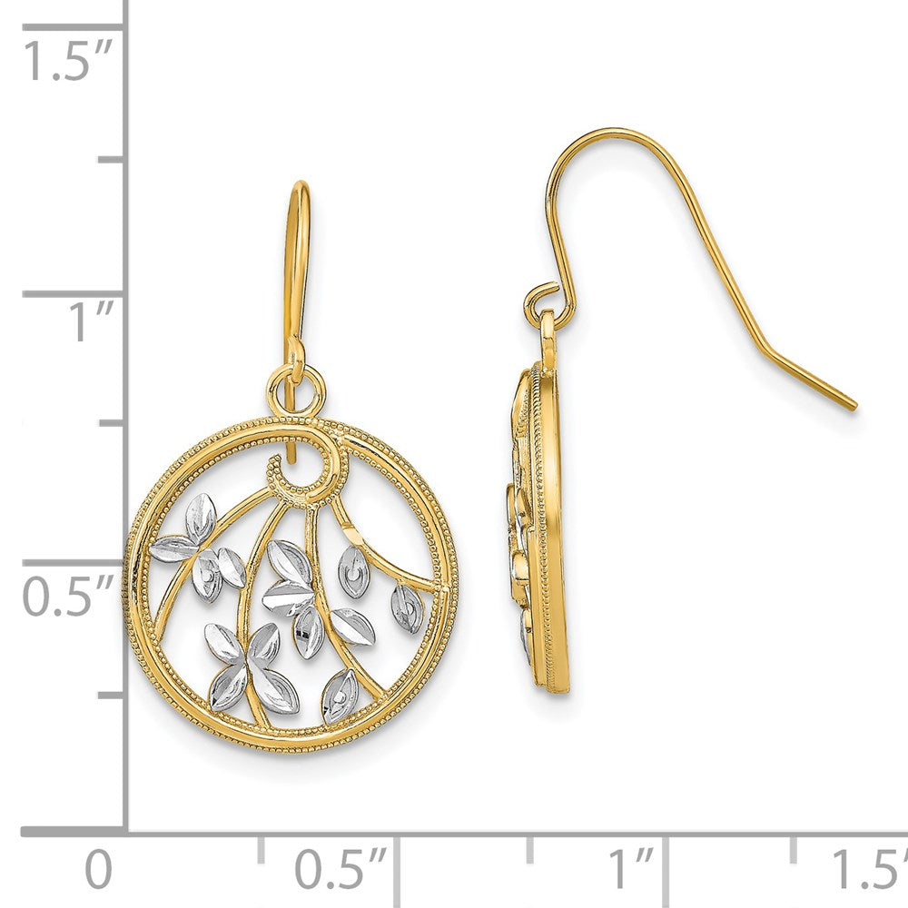 14K w/Rhodium D/C Leaves Round Dangle Earrings