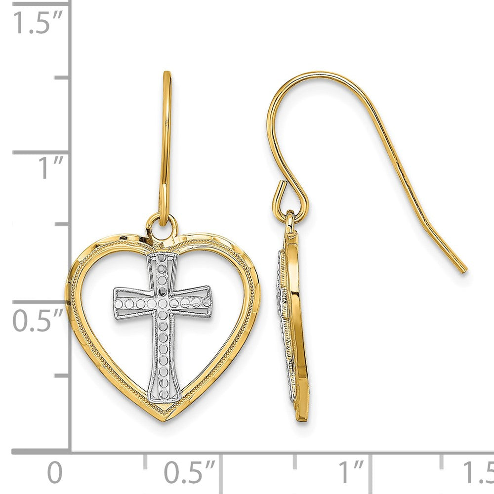 14K w/Rhodium Cross In Center Heart Earrings