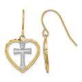 14K w/Rhodium Cross In Center Heart Earrings