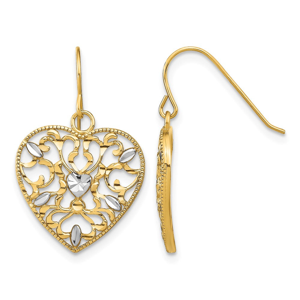 14k w/ RH Filigree Cut-Out Heart Wire Earrings