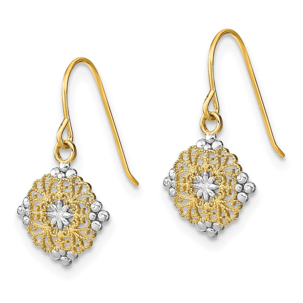 14K w/Rhodium D/C Center Mini Filigree Medallion Earrings