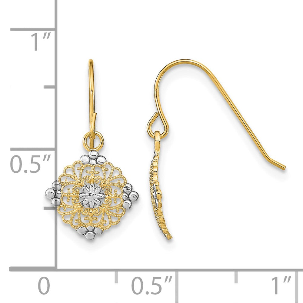 14K w/Rhodium D/C Center Mini Filigree Medallion Earrings