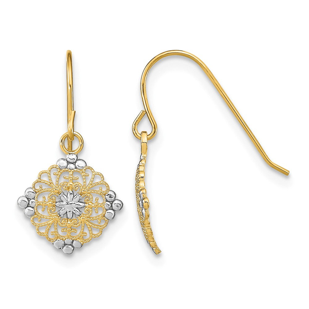 14K w/Rhodium D/C Center Mini Filigree Medallion Earrings