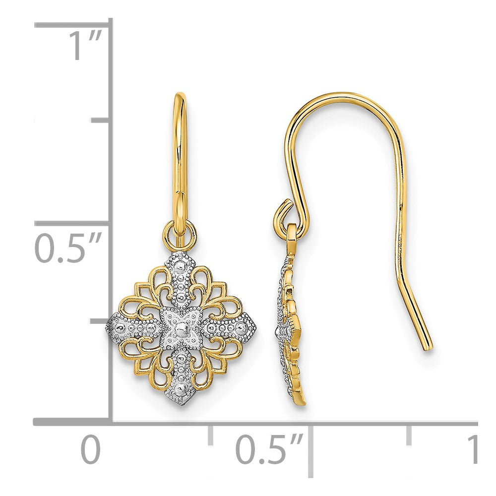 14K w/Rhodium Fancy Filigree Dangle Wire Earrings