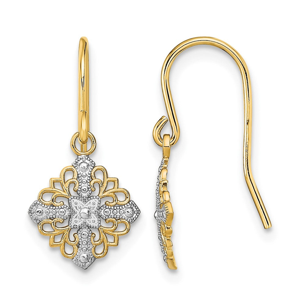 14K w/Rhodium Fancy Filigree Dangle Wire Earrings