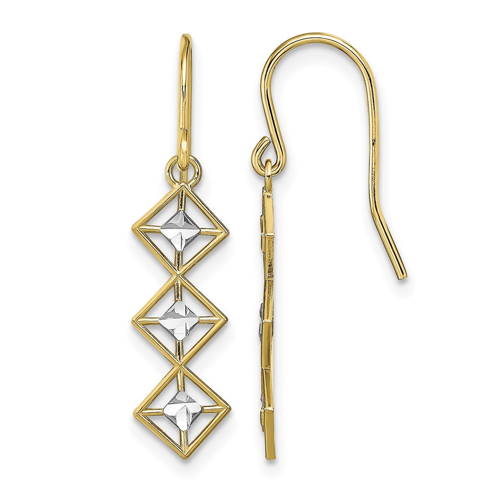 14K w/Rhodium Fancy Diamond-cut Dangle Wire Earrings