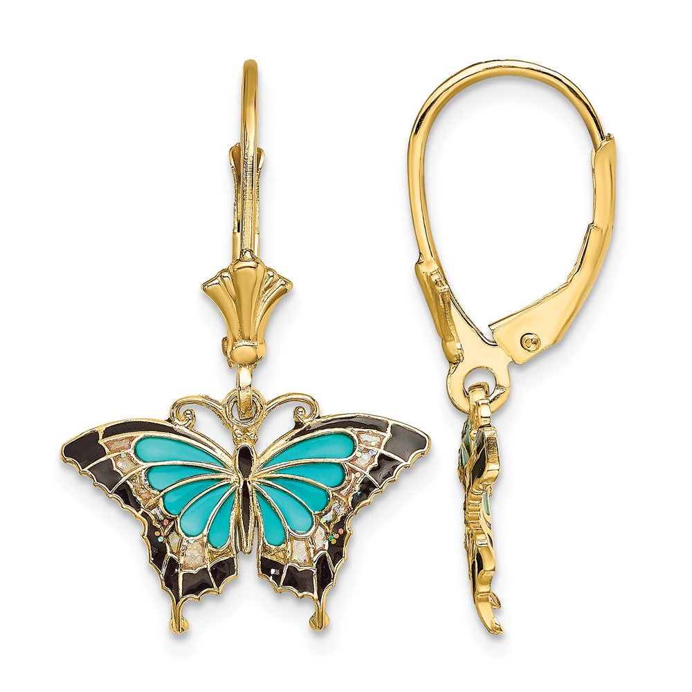 14K w/Aqua Enameled Wings Butterfly Leverback Earrings