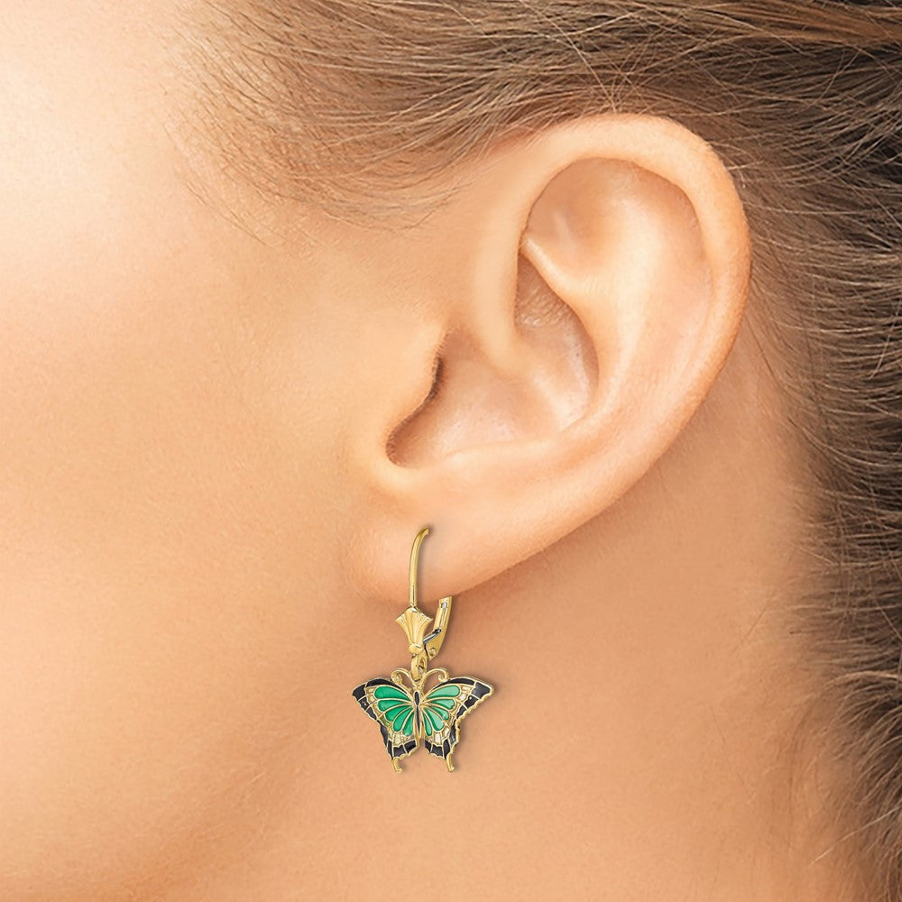 14K Butterfly w/ Green Enameled Wings Leverback Earrings