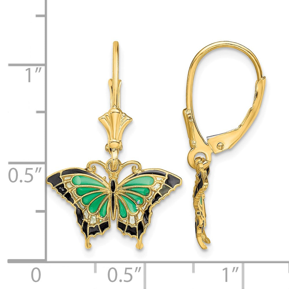 14K Butterfly w/ Green Enameled Wings Leverback Earrings