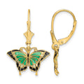14K Butterfly w/ Green Enameled Wings Leverback Earrings